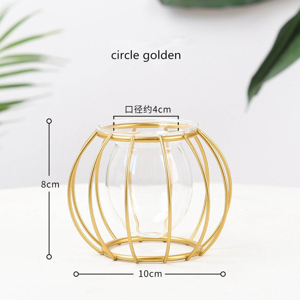 Iron Line Flower Vase Metal Plant Holder Modern Home Decor Vases Ornament Nordic Style Golden Black Glass Hydroponic Container.